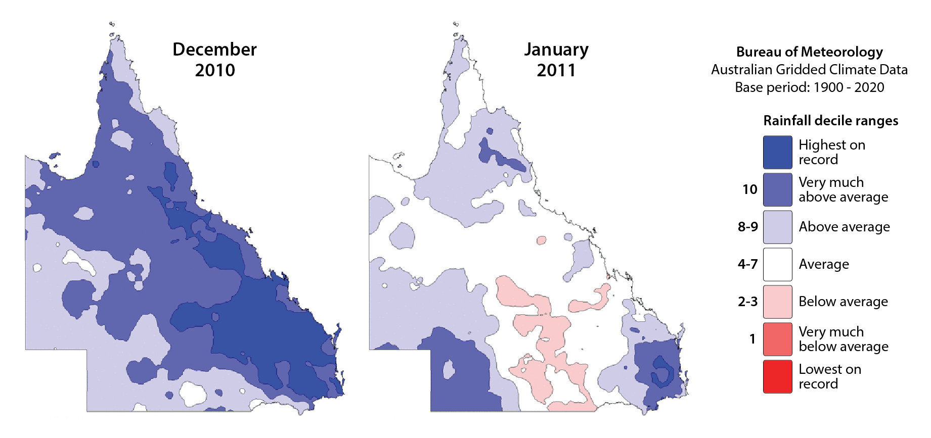Fig. 1: Queensland rainfall deciles for Dec. 2010 and Jan. 2011.